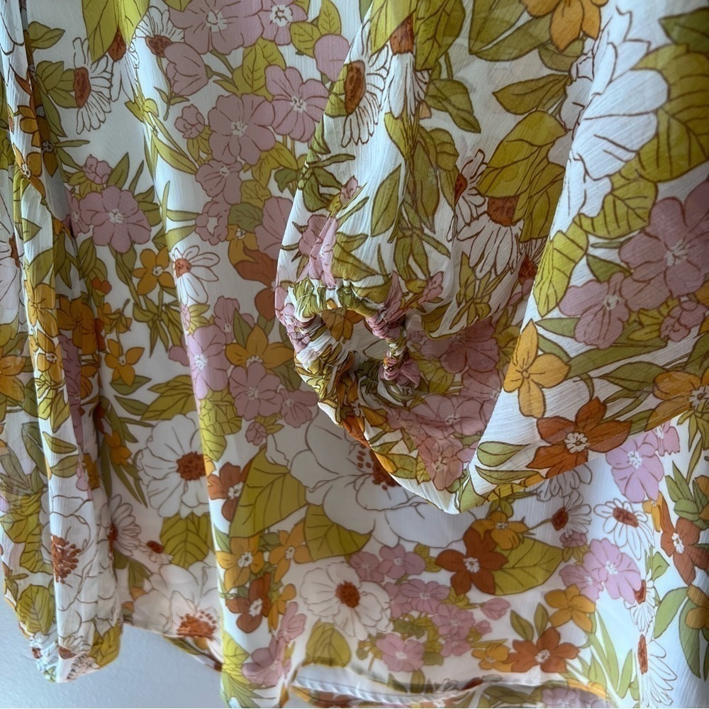 Women Casual Boho Blouse Fashion Floral Yellow V Neck Long Puff Sleeve Medium - Picture 12 of 12